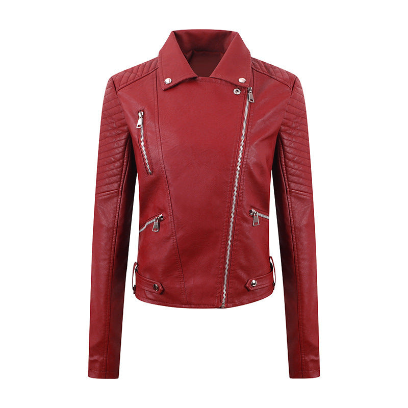 PU Women's Short Leather Oblique Pull Slim Motorcycle Clothing Washed Leather Jacket Pi-Mart