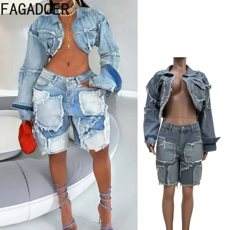 FAGADOER Summer New Fashion Denim 2 Piece Sets Woman Outfit Long Sleeves Patchwork Crop Jacket + Short Female Streetwear New Purplish Diva