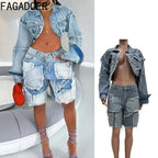 FAGADOER Summer New Fashion Denim 2 Piece Sets Woman Outfit Long Sleeves Patchwork Crop Jacket + Short Female Streetwear New Purplish Diva