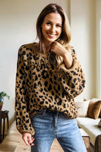 Light French Beige Rib Trim Round Neck Leopard Print Off-shoulder Sweater Pi-Mart