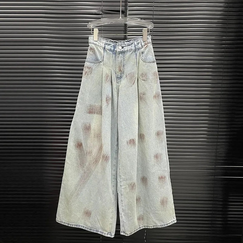 WTHT Vintage 2025 Summer Women's Bandage Single-breasted Denim Vest Fashion High-waisted Loose Wide Leg Jeans Female 1LS1482 Purplish Diva