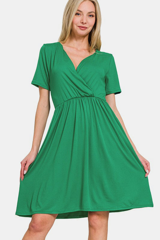 Surplice Short Sleeve Brushed DTY Dress – Elegant, Chic Surplice Neckline, Soft Brushed Fabric, Perfect for Day-to-Night Wear Stevvex