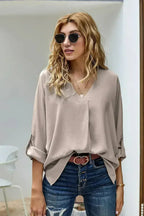 Elegant Apricot V Neck 3/4 Sleeve High Low Hem Shirt - SJB-DIAMOND ELITES
