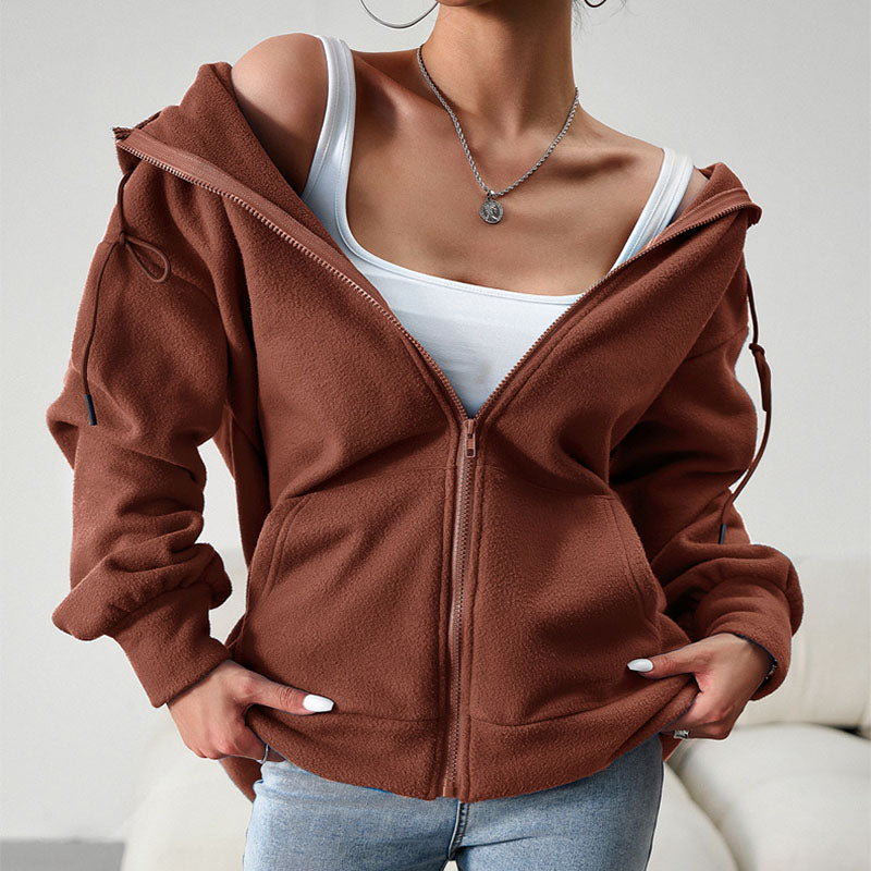 Casual Fashion Hooded Cardigan Jacket With Pockets Winter And Autumn Loose Sports Coat Women Solid Outwear Clothing Pi-Mart