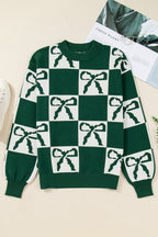 Blackish Green Bow Print Checkered Knit Sweater