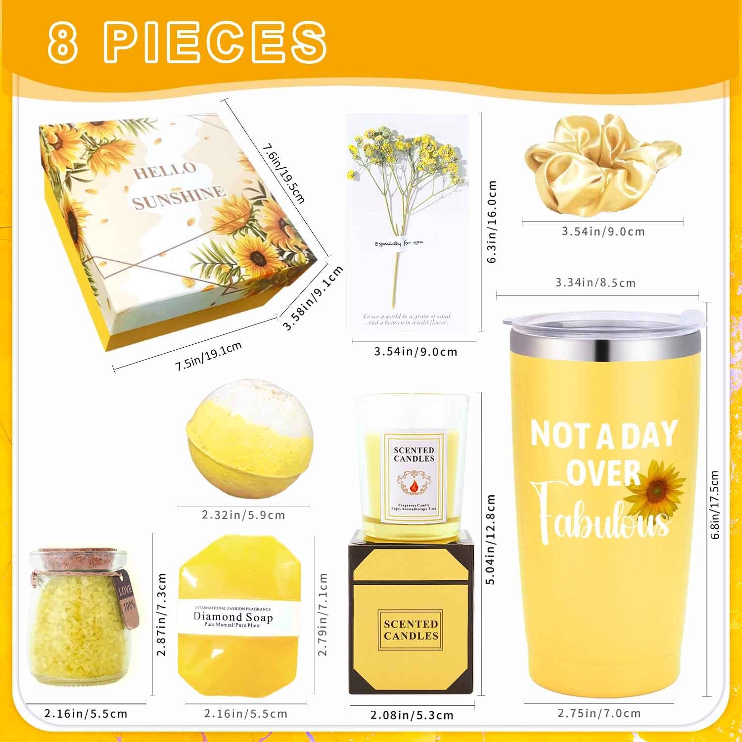 8pcs "Not A Day Over Fabulous" Yellow Spa & Bath Gift Set - Includes Insulated Travel Mug with Lid, Scented Candle, Bath Bomb, Diamond Soap, Love Note Card & Elegant Gift Box - Ideal for Women, Men, Friends on Christmas, Than