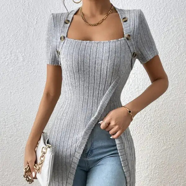 Ladies' Versatile Solid Color Elegant Style Square Neck Button Detail Wrapped Edge Slit Long T-shirt Top - SJB-DIAMOND ELITES