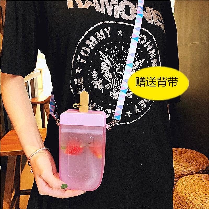1PC 300ML Cute Straw Cup Water Bottle Outdoor Juice Drinking Water Bottle Suitable for Adult Children with Rope  Cute Straw Cup With Rope New Plastic Popsicle Water Bottle Outdoor Transparent Juice Drinking Cup Stevvex