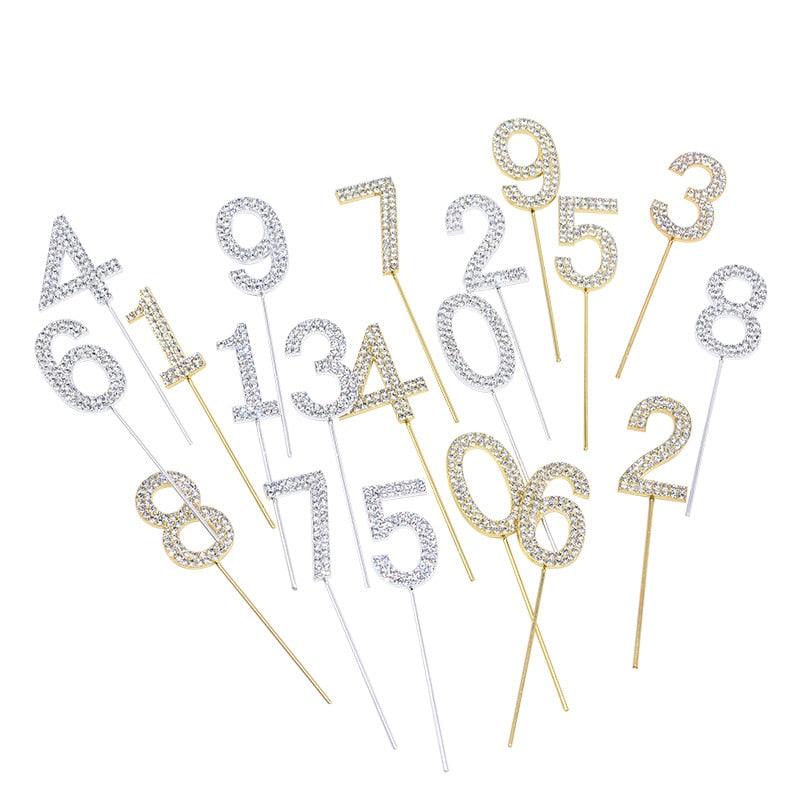 1Pc Glitter Alloy Rhinestone Number Cake Toppers Pieces Silver Glitter Number Cake Toppers Double Sided Twinkle Happy Birthday Cake Topper Cupcake Toppers For Wedding Baby Shower Birthday Decoration Wedding Gold Silver Digital Cakes Dessert Decor Stevvex
