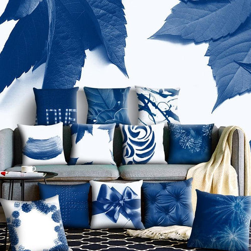 1Pcs Blue Pattern Cushion Cover Polyester Pillowcase Decorative Navy Blue White Pillow Covers Pillow Case Blue Home Bedroom Sofa Decor Pillow Cover Stevvex