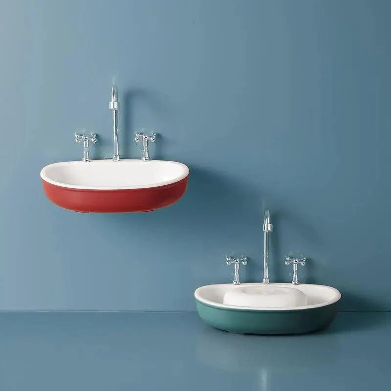 1Pcs Faucet Shape Draining Soap Dish Portable Bathroom Products Double Layer 3Colors Eco-friendly Soap Box Draining Soap Dish Sponge Holder Soap Container with Waterfall Spout for Bathroom Shower Kitchen Sink Stevvex