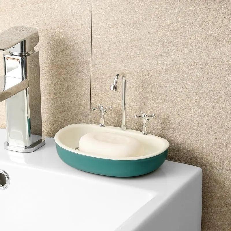 1Pcs Faucet Shape Draining Soap Dish Portable Bathroom Products Double Layer 3Colors Eco-friendly Soap Box Draining Soap Dish Sponge Holder Soap Container with Waterfall Spout for Bathroom Shower Kitchen Sink Stevvex
