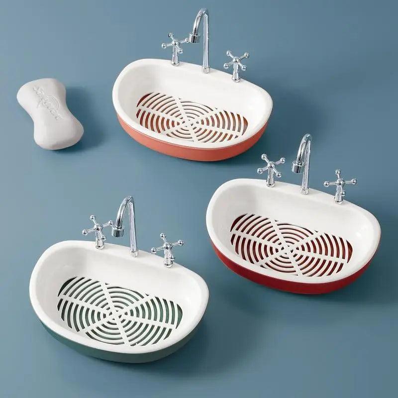 1Pcs Faucet Shape Draining Soap Dish Portable Bathroom Products Double Layer 3Colors Eco-friendly Soap Box Draining Soap Dish Sponge Holder Soap Container with Waterfall Spout for Bathroom Shower Kitchen Sink Stevvex