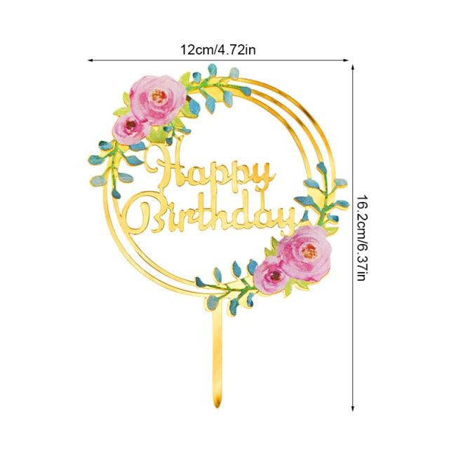 1Pcs Metal Happy Birthday Cake Topper Artificial flowers Cake Toppers Happy Birthday Cake Topper Metal And Acrylic Cake Decoration With Pink Artificial Flower Cluster For DIY Baby Shower Birthday Party Decoration Baking Decor Stevvex