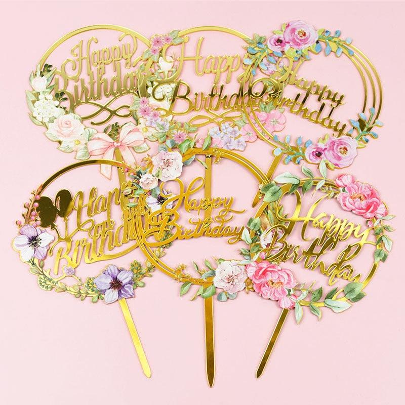 1Pcs Metal Happy Birthday Cake Topper Artificial flowers Cake Toppers Happy Birthday Cake Topper Metal And Acrylic Cake Decoration With Pink Artificial Flower Cluster For DIY Baby Shower Birthday Party Decoration Baking Decor Stevvex