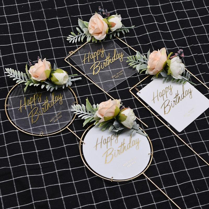 1Pcs Metal Happy Birthday Cake Topper Artificial flowers Cake Toppers Happy Birthday Cake Topper Metal And Acrylic Cake Decoration With Pink Artificial Flower Cluster For DIY Baby Shower Birthday Party Decoration Baking Decor Stevvex