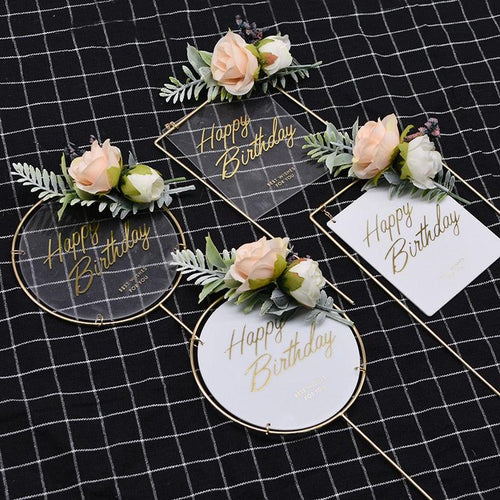 1Pcs Metal Happy Birthday Cake Topper Artificial flowers Cake Toppers Happy Birthday Cake Topper Metal And Acrylic Cake Decoration With Pink Artificial Flower Cluster For DIY Baby Shower Birthday Party Decoration Baking Decor Stevvex