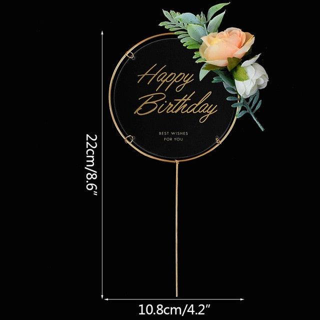1Pcs Metal Happy Birthday Cake Topper Artificial flowers Cake Toppers Happy Birthday Cake Topper Metal And Acrylic Cake Decoration With Pink Artificial Flower Cluster For DIY Baby Shower Birthday Party Decoration Baking Decor Stevvex