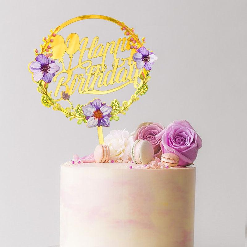 1Pcs Metal Happy Birthday Cake Topper Artificial flowers Cake Toppers Happy Birthday Cake Topper Metal And Acrylic Cake Decoration With Pink Artificial Flower Cluster For DIY Baby Shower Birthday Party Decoration Baking Decor Stevvex