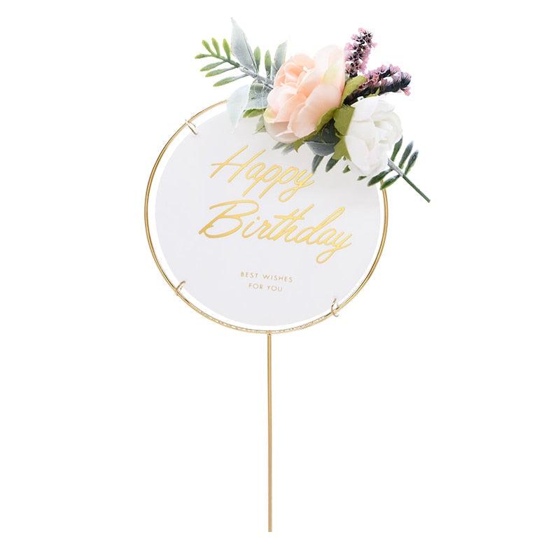 1Pcs Metal Happy Birthday Cake Topper Artificial flowers Cake Toppers Happy Birthday Cake Topper Metal And Acrylic Cake Decoration With Pink Artificial Flower Cluster For DIY Baby Shower Birthday Party Decoration Baking Decor Stevvex