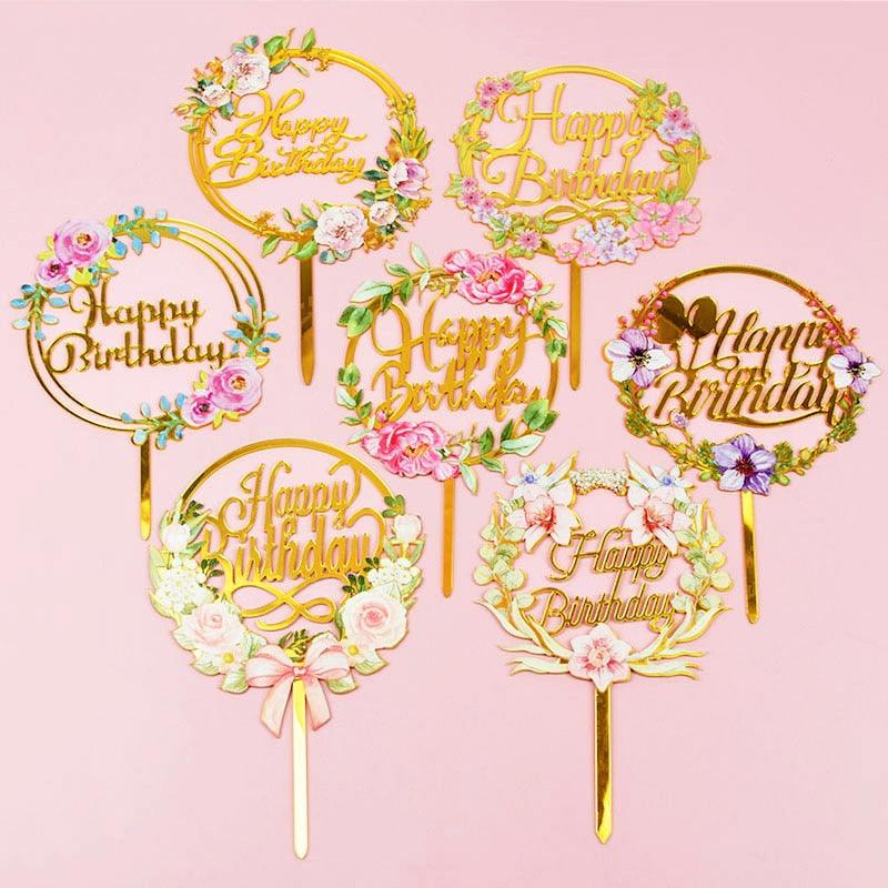 1Pcs Metal Happy Birthday Cake Topper Artificial flowers Cake Toppers Happy Birthday Cake Topper Metal And Acrylic Cake Decoration With Pink Artificial Flower Cluster For DIY Baby Shower Birthday Party Decoration Baking Decor Stevvex