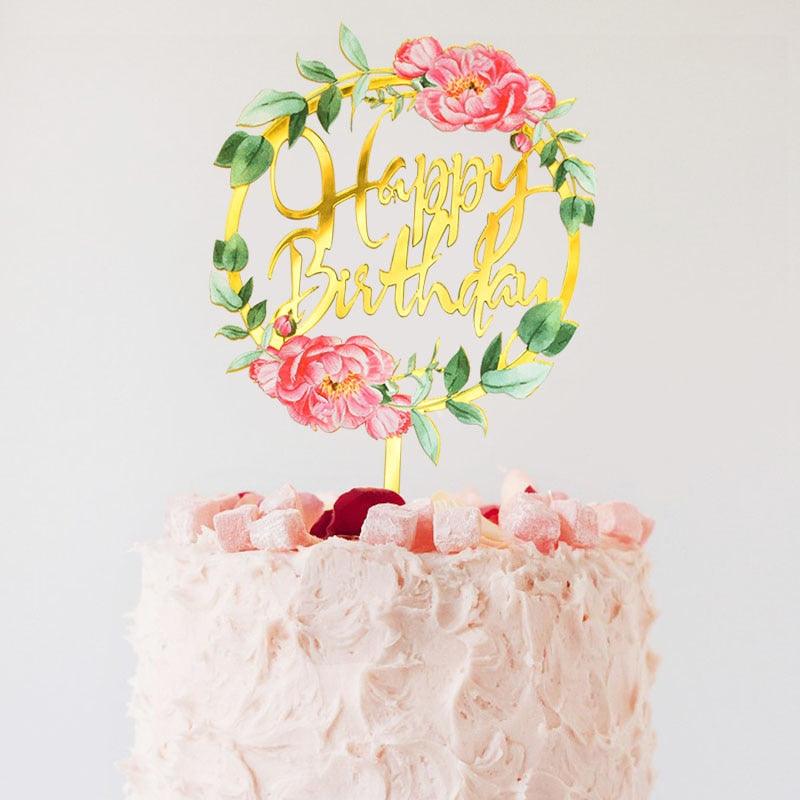1Pcs Metal Happy Birthday Cake Topper Artificial flowers Cake Toppers Happy Birthday Cake Topper Metal And Acrylic Cake Decoration With Pink Artificial Flower Cluster For DIY Baby Shower Birthday Party Decoration Baking Decor Stevvex