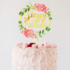 1Pcs Metal Happy Birthday Cake Topper Artificial flowers Cake Toppers Happy Birthday Cake Topper Metal And Acrylic Cake Decoration With Pink Artificial Flower Cluster For DIY Baby Shower Birthday Party Decoration Baking Decor Stevvex