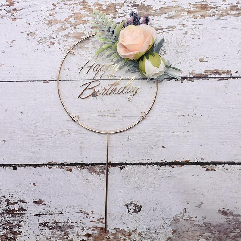 1Pcs Metal Happy Birthday Cake Topper Artificial flowers Cake Toppers Happy Birthday Cake Topper Metal And Acrylic Cake Decoration With Pink Artificial Flower Cluster For DIY Baby Shower Birthday Party Decoration Baking Decor Stevvex