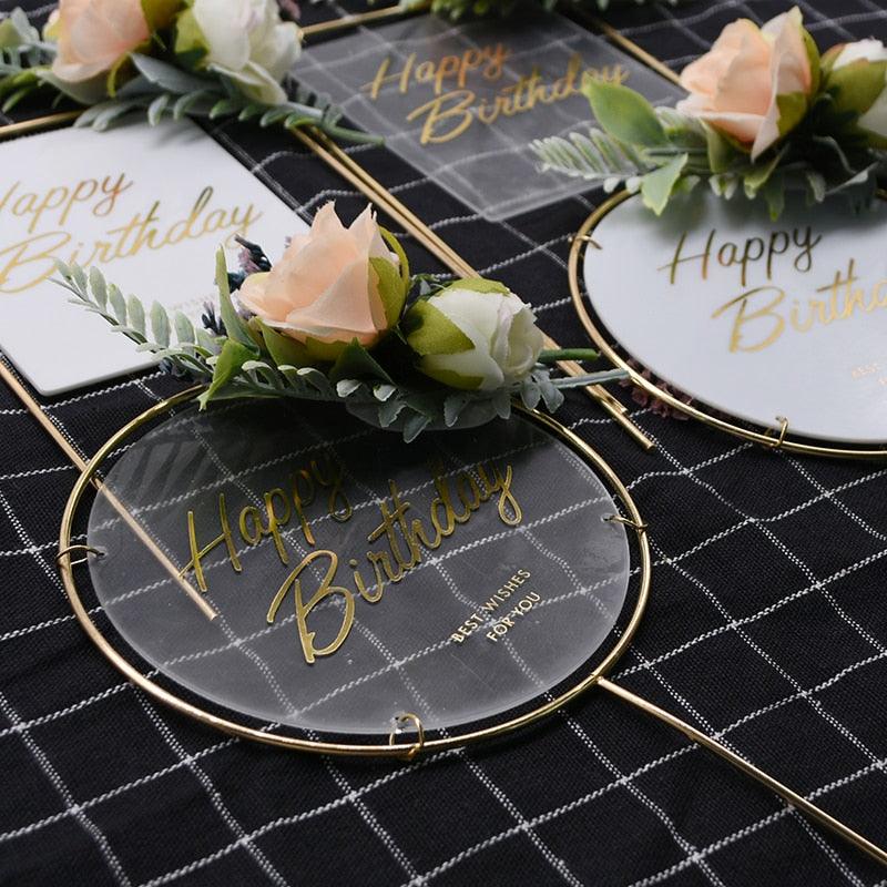 1Pcs Metal Happy Birthday Cake Topper Artificial flowers Cake Toppers Happy Birthday Cake Topper Metal And Acrylic Cake Decoration With Pink Artificial Flower Cluster For DIY Baby Shower Birthday Party Decoration Baking Decor Stevvex