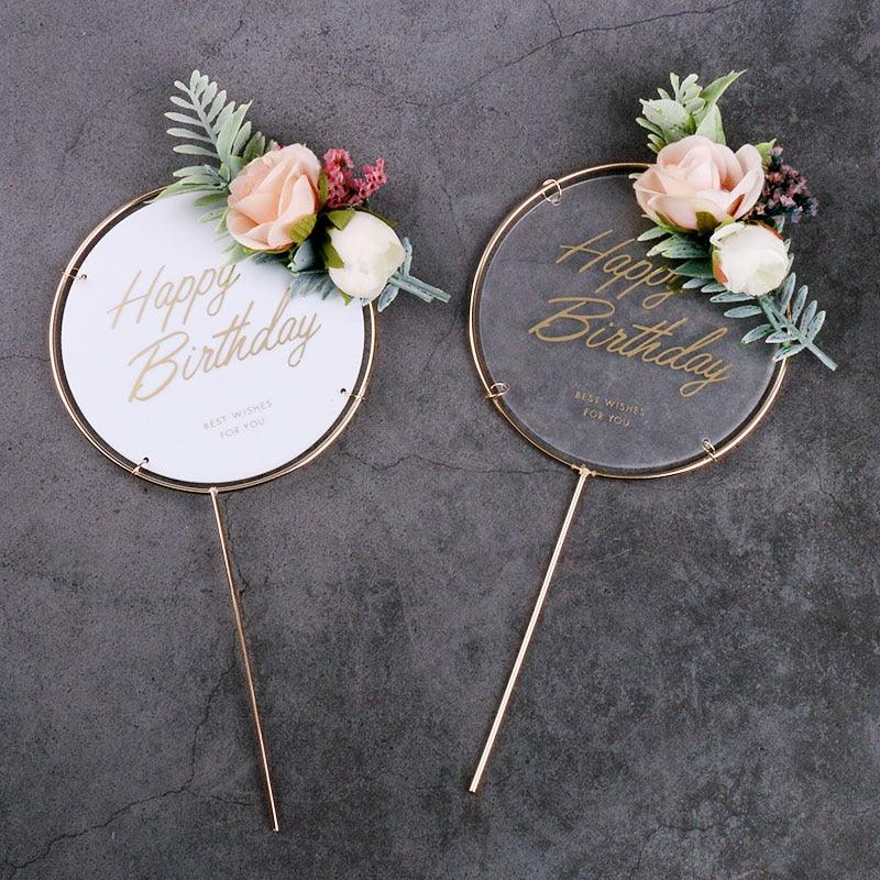1Pcs Metal Happy Birthday Cake Topper Artificial flowers Cake Toppers Happy Birthday Cake Topper Metal And Acrylic Cake Decoration With Pink Artificial Flower Cluster For DIY Baby Shower Birthday Party Decoration Baking Decor Stevvex