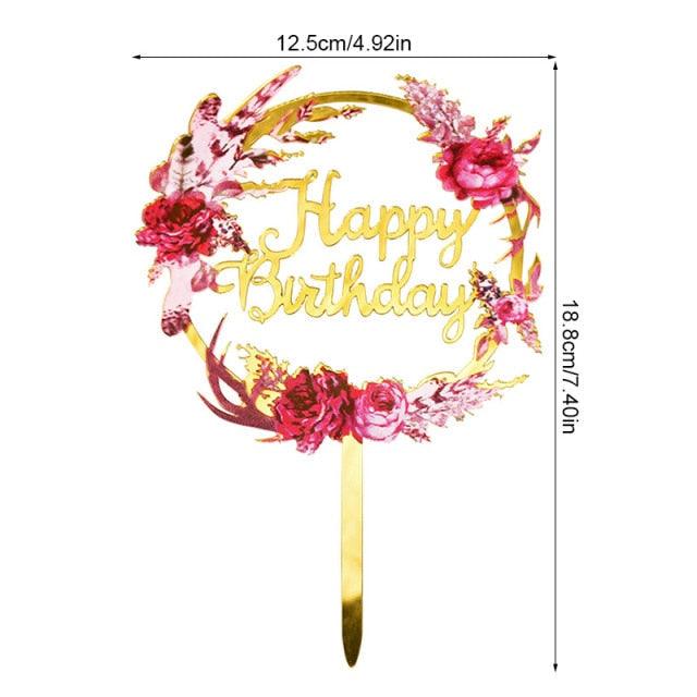 1Pcs Metal Happy Birthday Cake Topper Artificial flowers Cake Toppers Happy Birthday Cake Topper Metal And Acrylic Cake Decoration With Pink Artificial Flower Cluster For DIY Baby Shower Birthday Party Decoration Baking Decor Stevvex