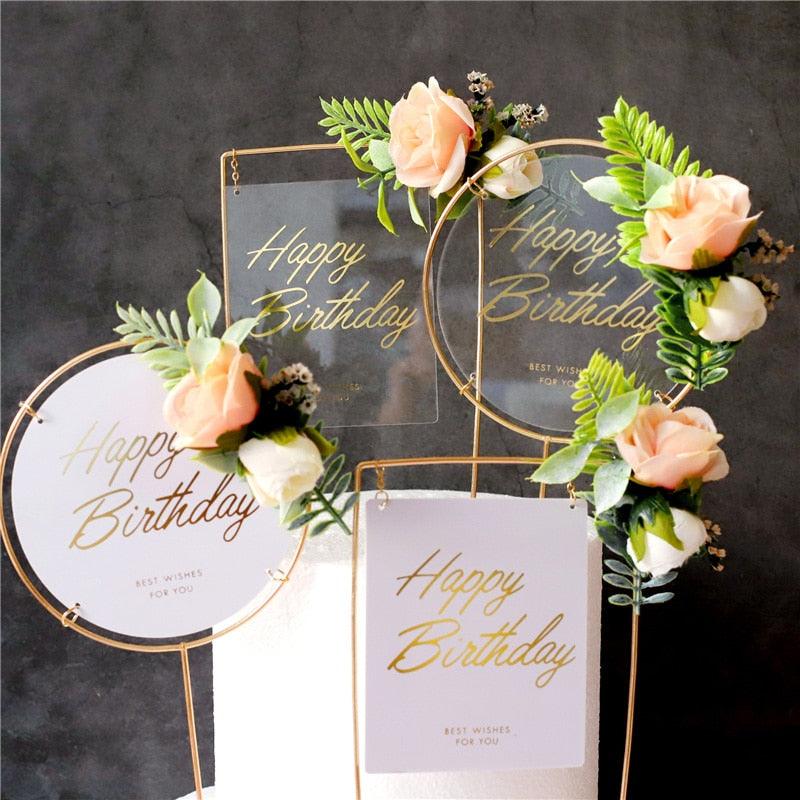 1Pcs Metal Happy Birthday Cake Topper Artificial flowers Cake Toppers Happy Birthday Cake Topper Metal And Acrylic Cake Decoration With Pink Artificial Flower Cluster For DIY Baby Shower Birthday Party Decoration Baking Decor Stevvex