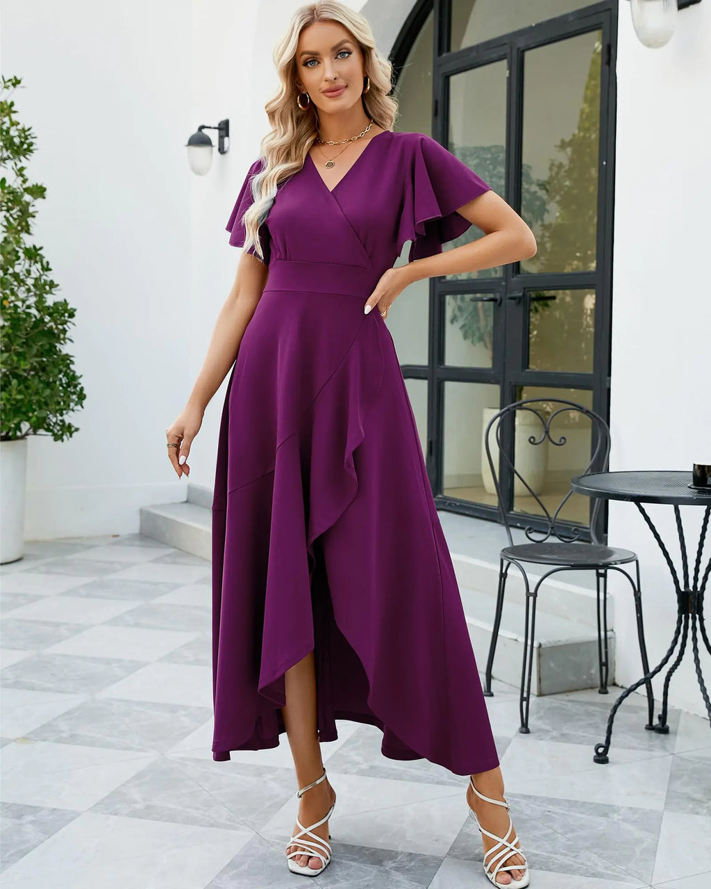 Long Black Formal Dresses for Women Gowns Evening Party Cocktail Dress,Split Elegant V Neck Wrap Ruffle Wedding Guest Dresses Large Purple Pi-Mart