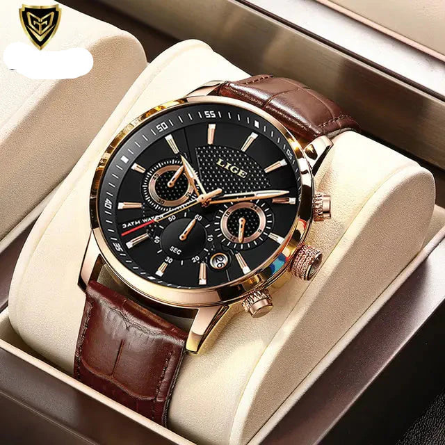 Mens Watches LIGE Top Brand Luxury Leather Casual Quartz