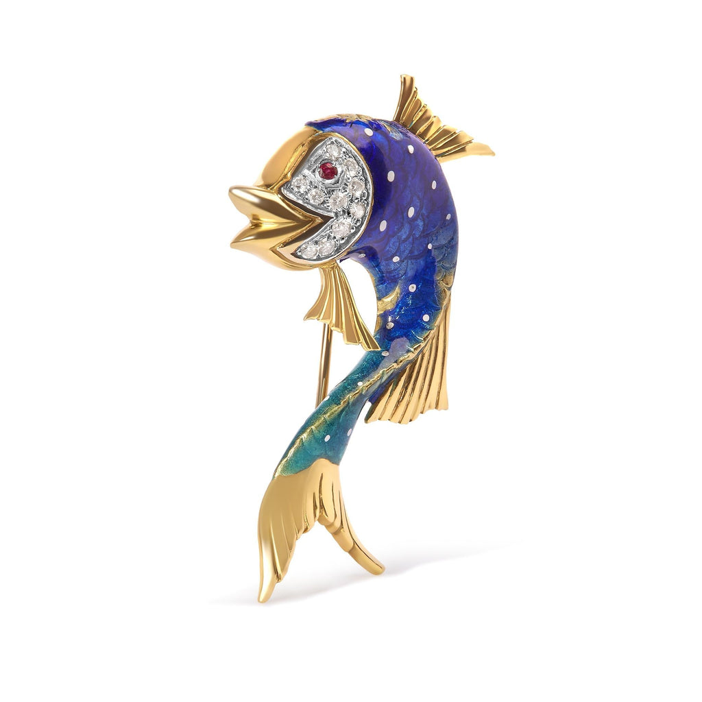 18K Yellow Gold and Blue Enamel Diamond and Pink Sapphire Fish Brooch Pin (H-I Color, VS2-SI1 Clarity) Lootquake LLC