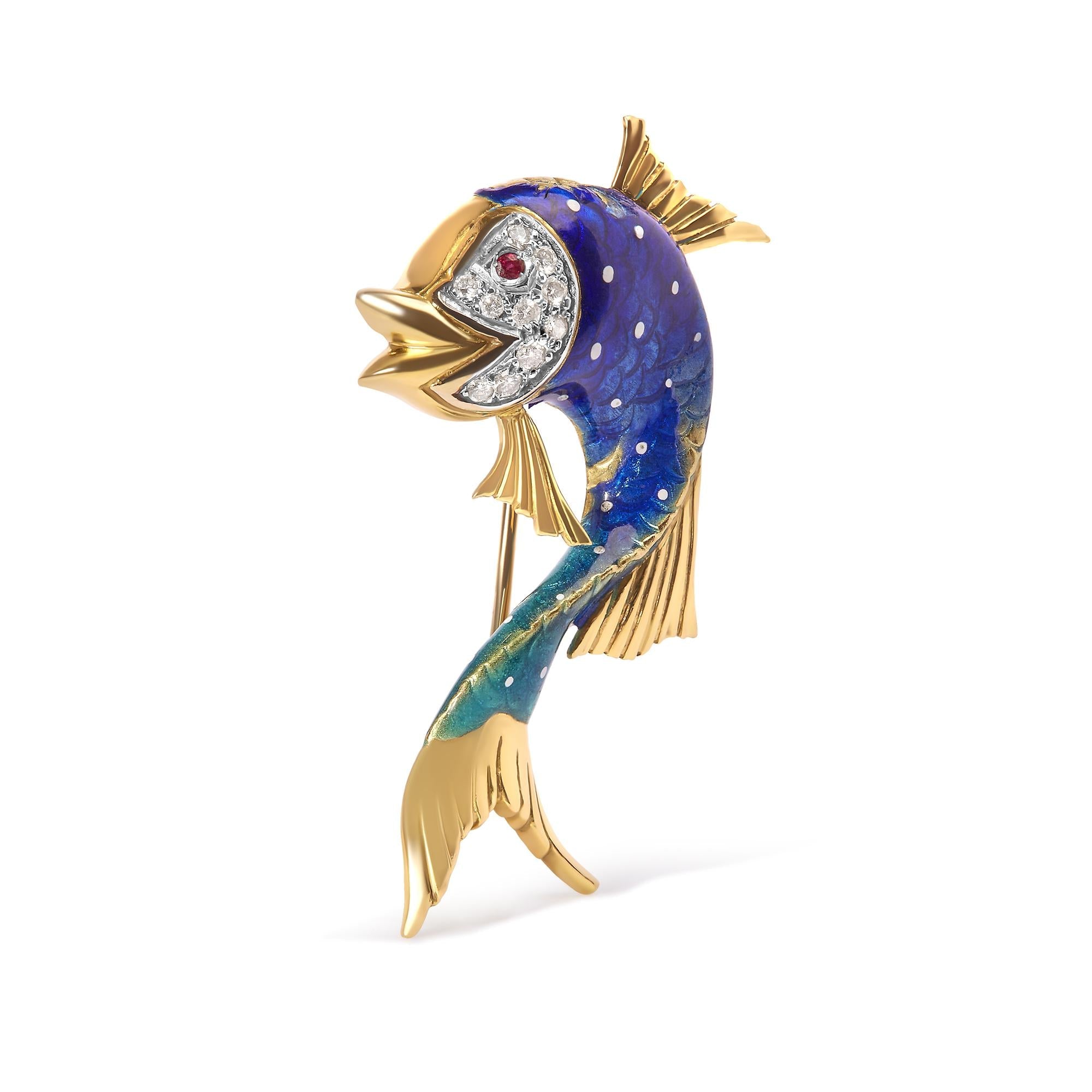 18K Yellow Gold and Blue Enamel Diamond and Pink Sapphire Fish Brooch Pin (H-I Color, VS2-SI1 Clarity) Lootquake LLC