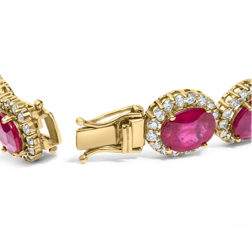 14K Yellow Gold 6 2/5 Cttw Diamond and 34.0 Cttw Oval Red Ruby Halo Link Bracelet (I-J Color, SI1-SI2 Clarity) - 7.25" Inches Lootquake LLC