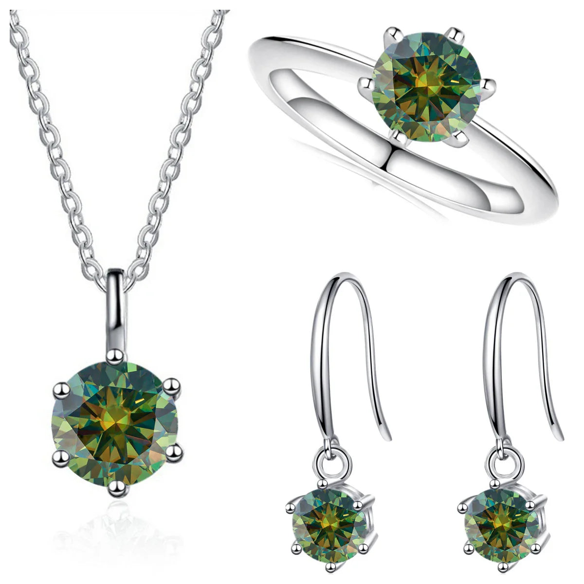 2.5ct Solitaire Moissanite 925 Sterling Silver Necklace Earrings Ring Set BandsCo Straps
