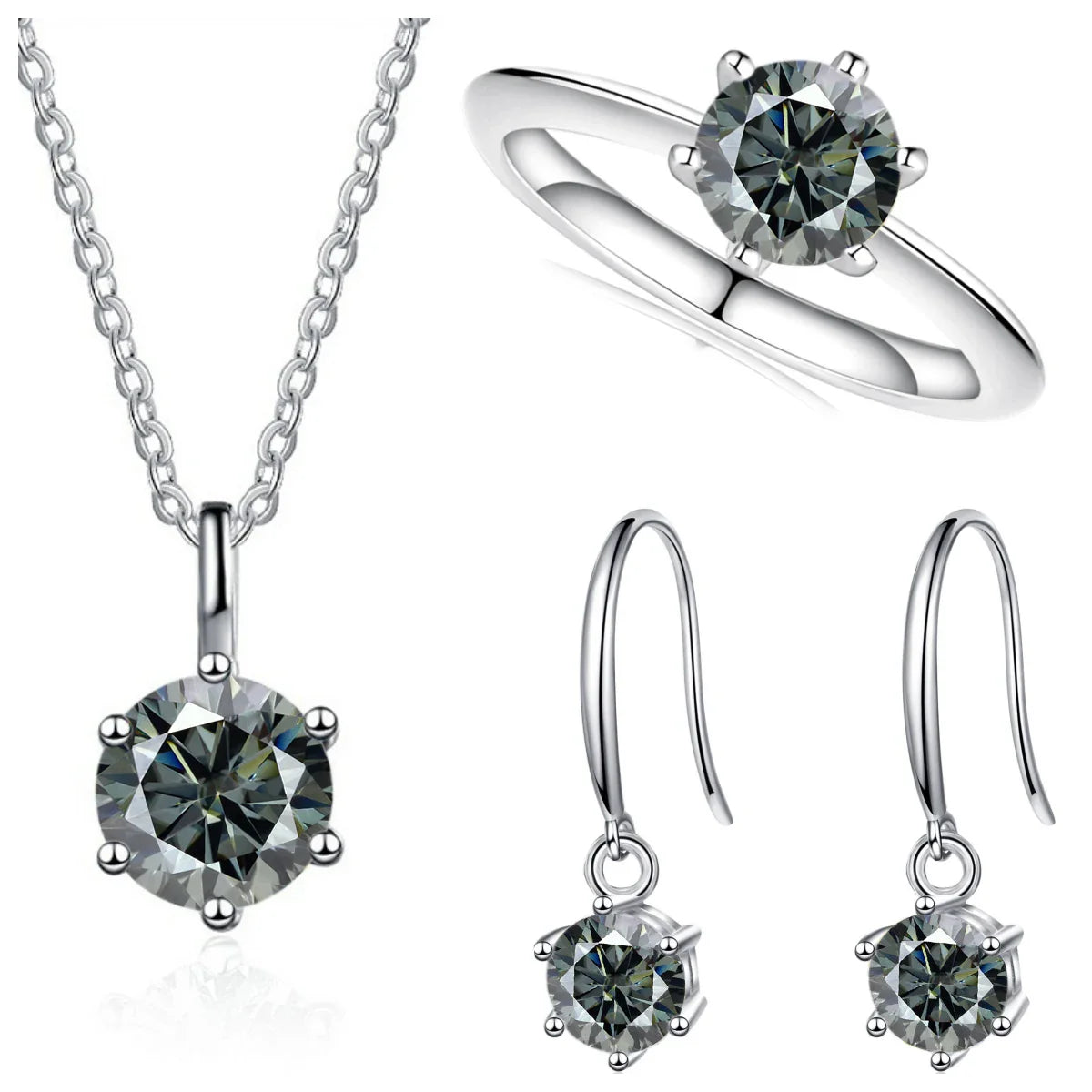 2.5ct Solitaire Moissanite 925 Sterling Silver Necklace Earrings Ring Set BandsCo Straps