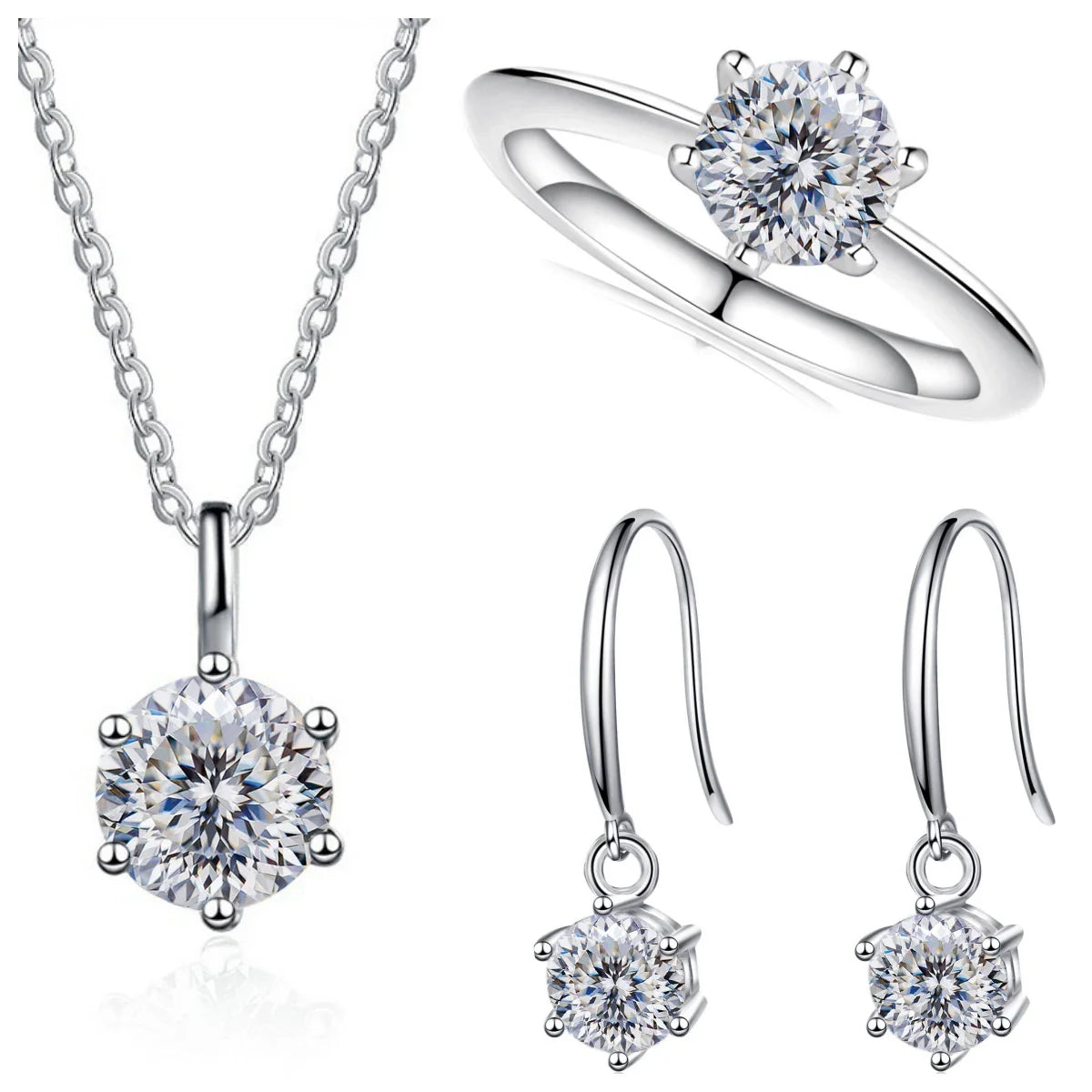 2.5ct Solitaire Moissanite 925 Sterling Silver Necklace Earrings Ring Set BandsCo Straps