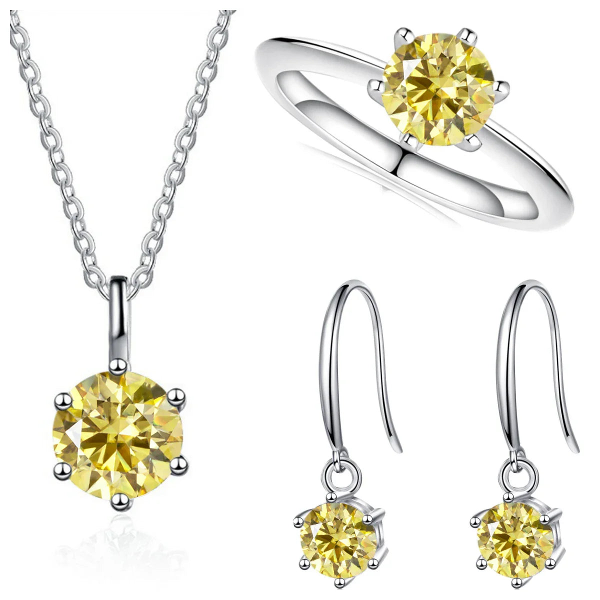 2.5ct Solitaire Moissanite 925 Sterling Silver Necklace Earrings Ring Set BandsCo Straps