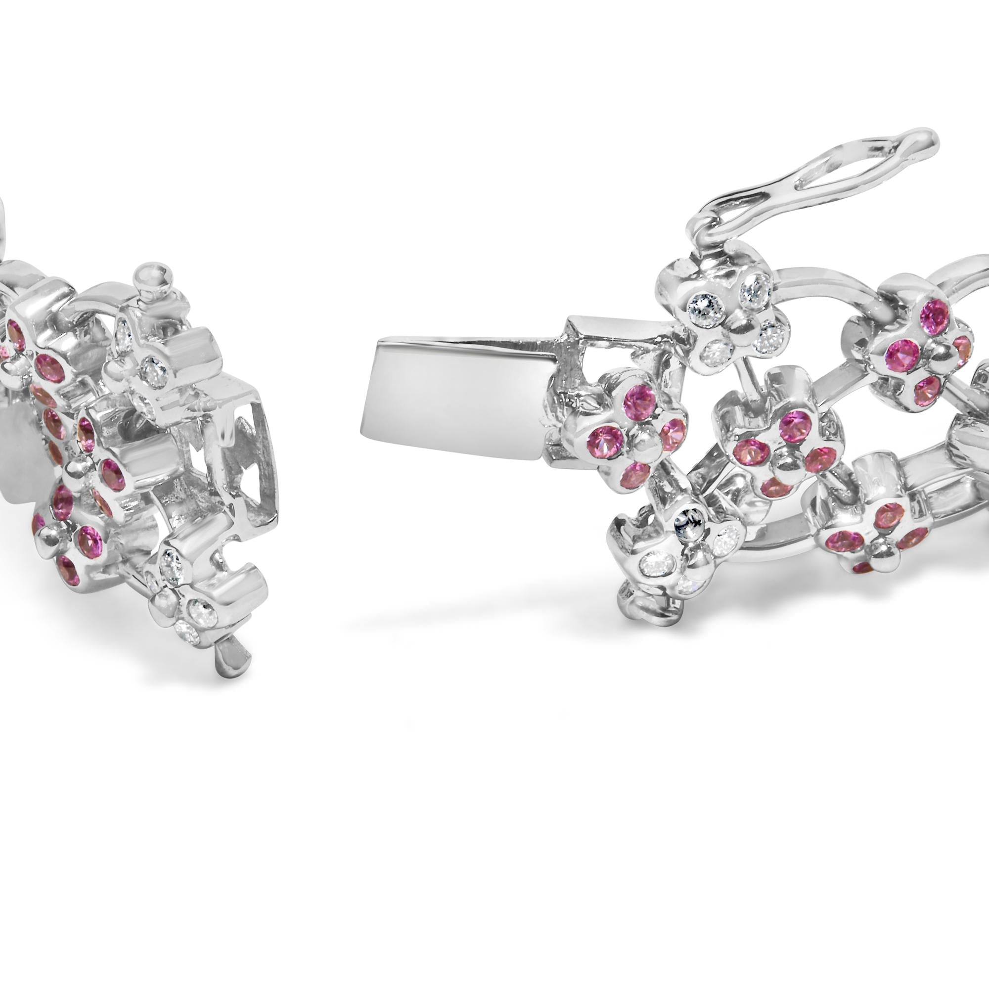 14K White Gold Pink Sapphire and Diamond Floral Lattice Link Bracelet - 7.25" Inches Lootquake LLC