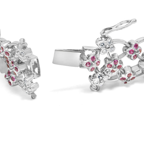 14K White Gold Pink Sapphire and Diamond Floral Lattice Link Bracelet - 7.25" Inches Lootquake LLC