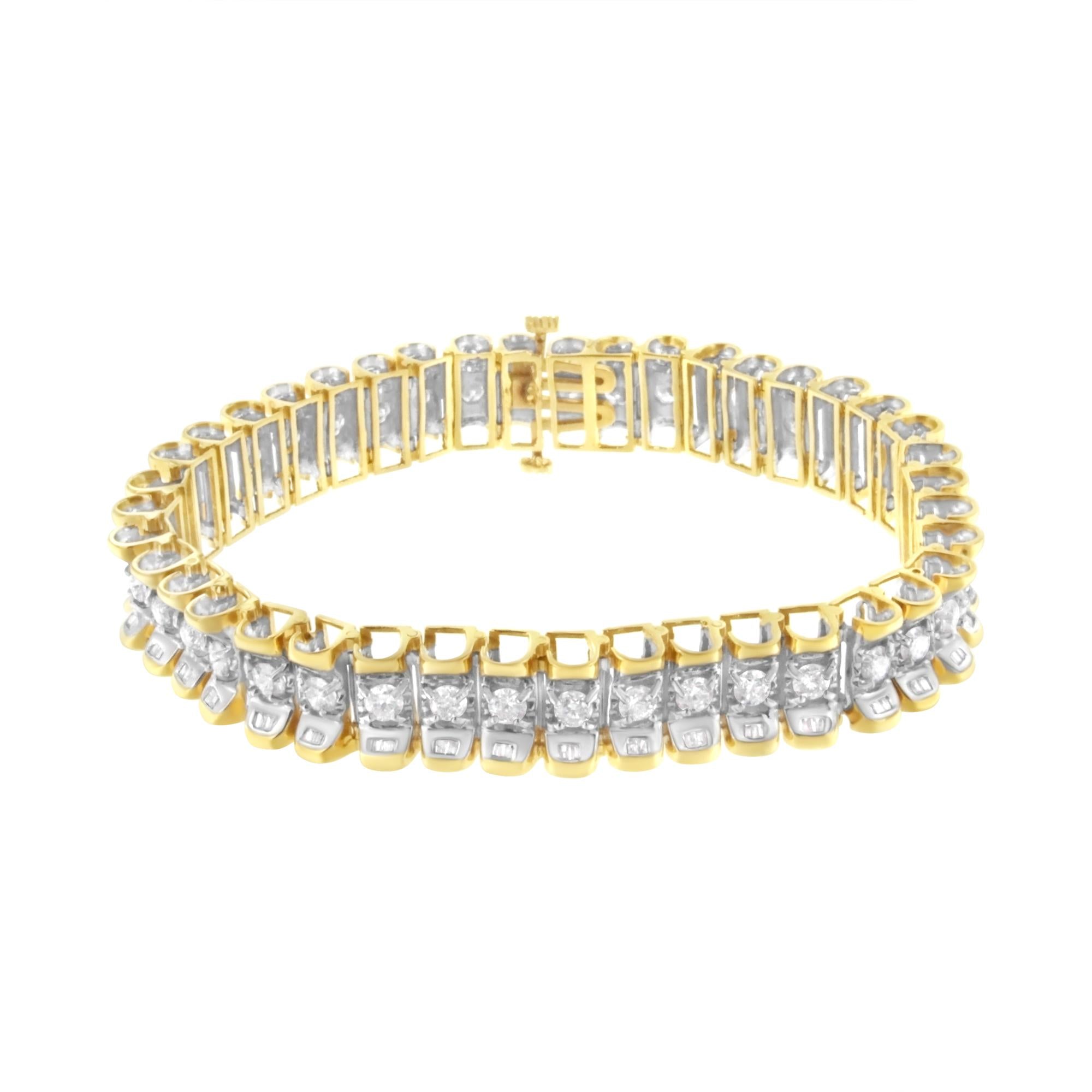 14K Yellow and White Gold 5.0 Cttw Round & Baguette Cut Diamond 7" Reflective Tennis Bracelet (H-I Color, I1-I2 Clarity) Lootquake LLC