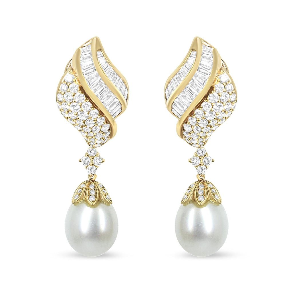 18k Yellow Gold 7.0 Cttw Baguette and Round Diamond South Sea Pearl Drop Dangle Clip-On Earrings (F-G Color, VS1-VS2 Clarity)