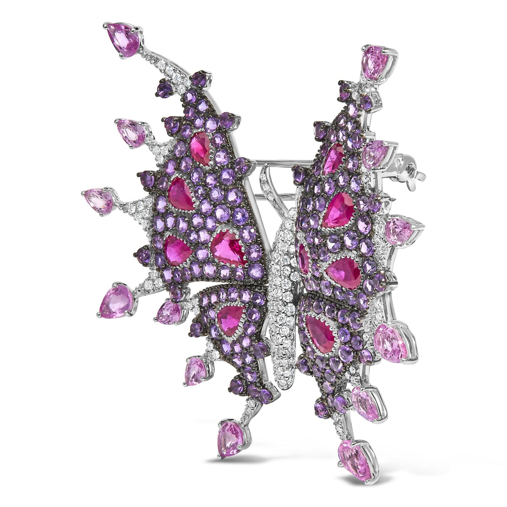 18K White Gold 1.00 Cttw Diamond, Ruby  Sapphire, and Amethyst Mixed Gemstone Butterfly Brooch Pin (G-H Color, VS1-VS2 Clarity) Lootquake LLC