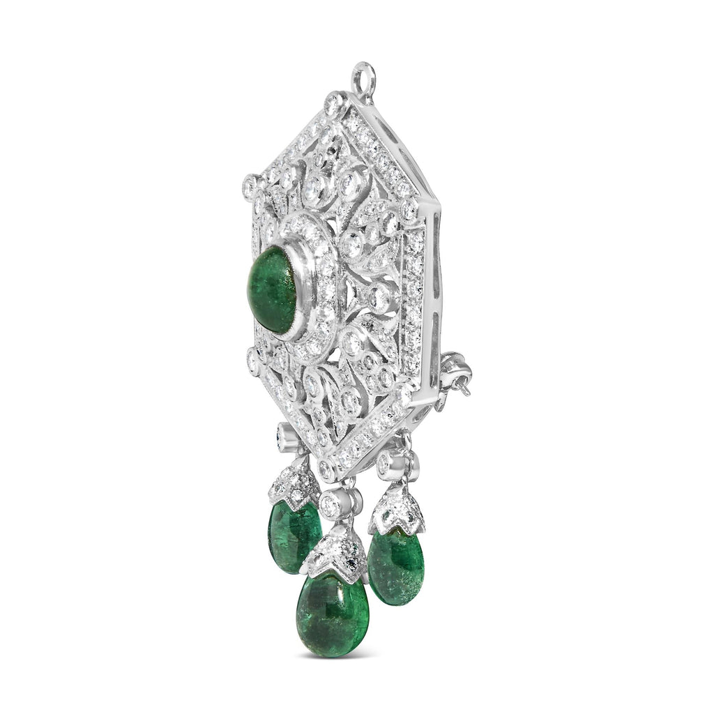 18K 2 3/4 Cttw Diamond and Emerald Dangle Art Deco Shield Brooch Pin Pendant (G-H Color, VS1-VS2 Clarity) CHAIN NOT INCLUDED Lootquake LLC
