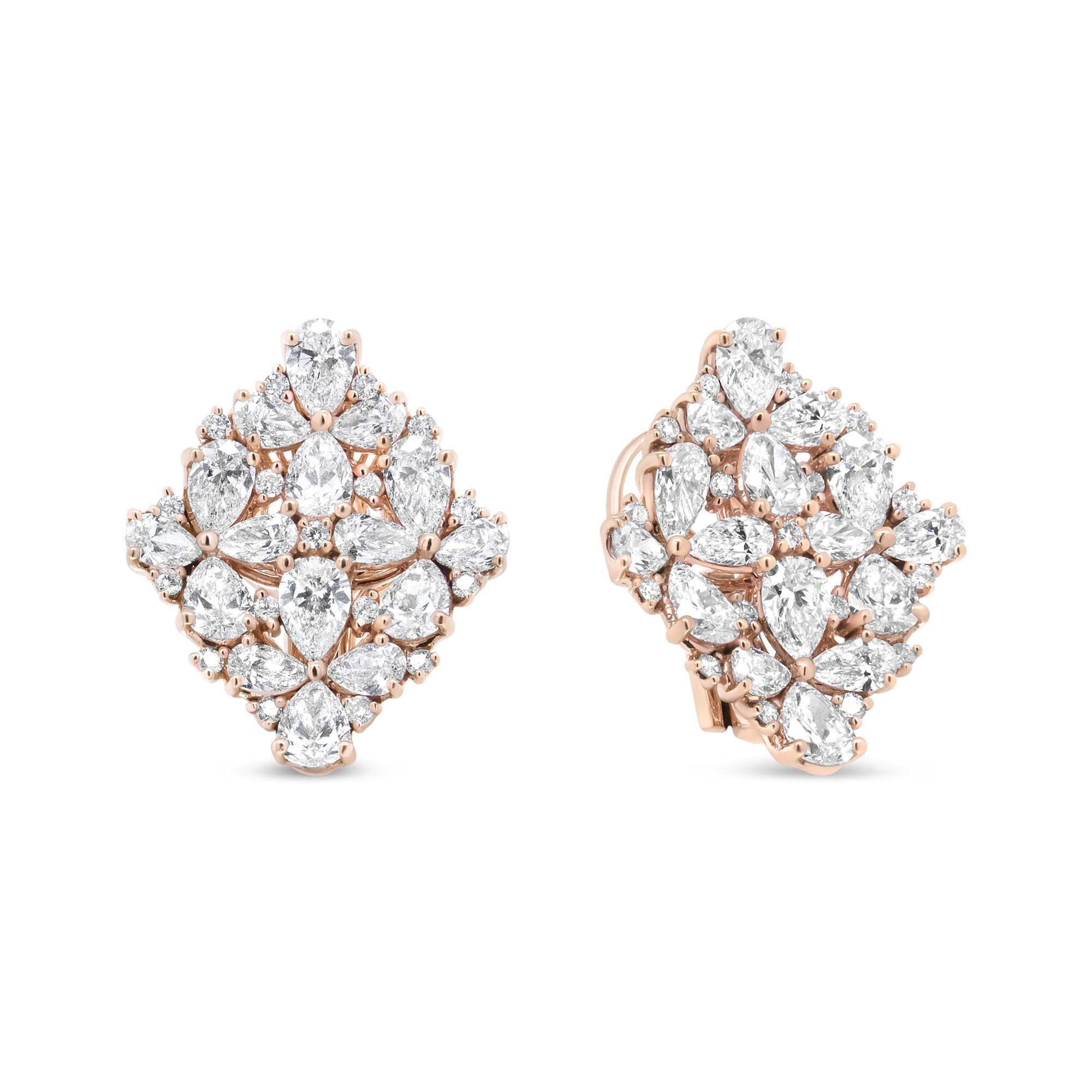 18K Rose Gold 8 1/3 Cttw Pear and Round Diamond Floral Cluster Omega Earrings (F-G Color, VS1-VS2 Clarity) Lootquake LLC