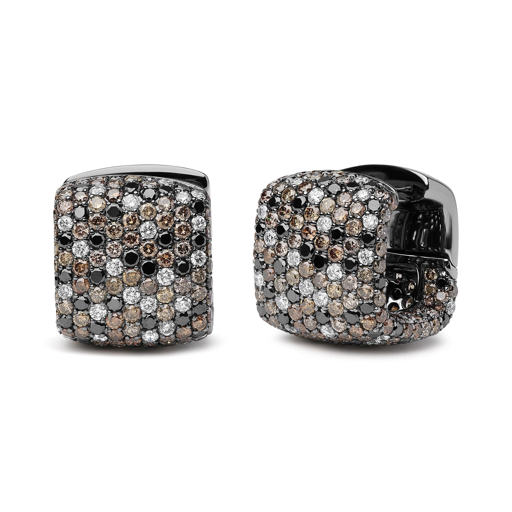 Black Rhodium Plated 18K White Gold 12 5/8 Cttw Multi Color Diamond Square Domed Huggie Hoop Earrings  (Brown, Black, G-H Color, SI1-SI2 Clarity) Lootquake LLC
