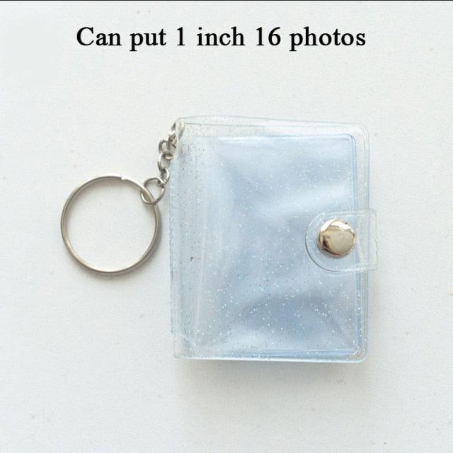 2 Inch Photo Album PVC Sequins Transparent Sticker & Name Card Holder 16 Pockets Photo Holder Business Card Bag Mini Photo Holds Photos with Key Chain Album Gifts Stevvex